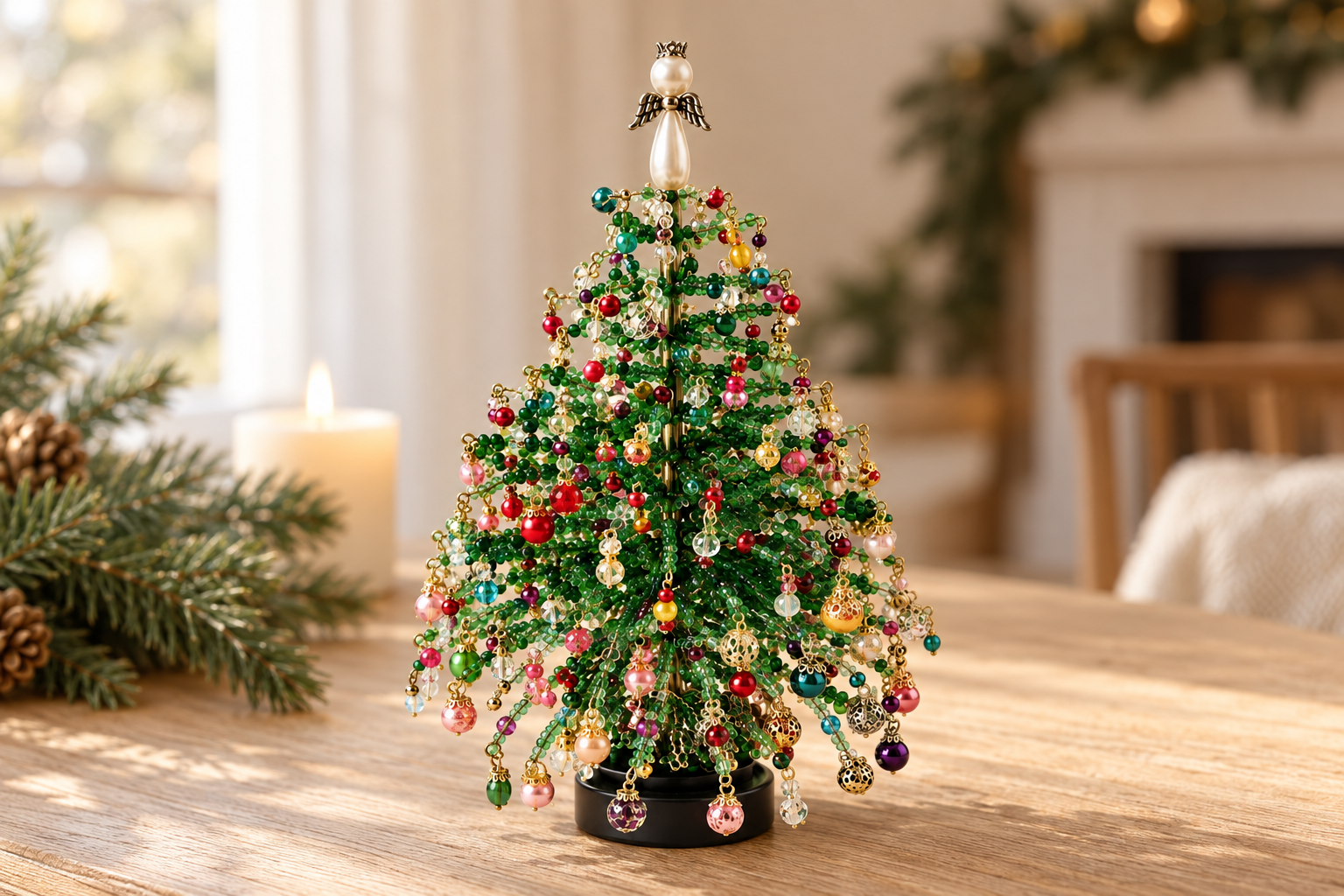 A beaded Christmas tree with colorful ornaments